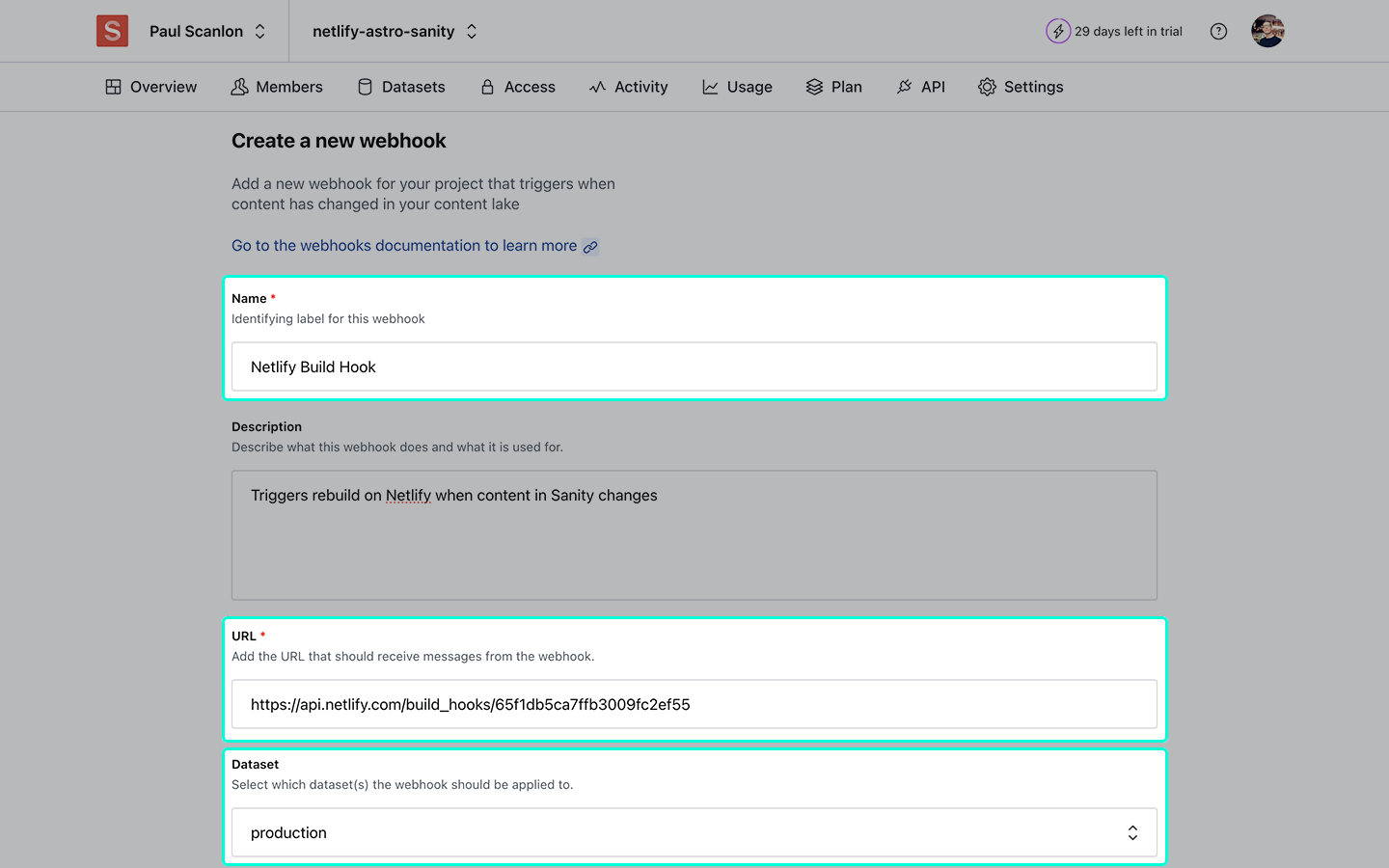Sanity webhook setup